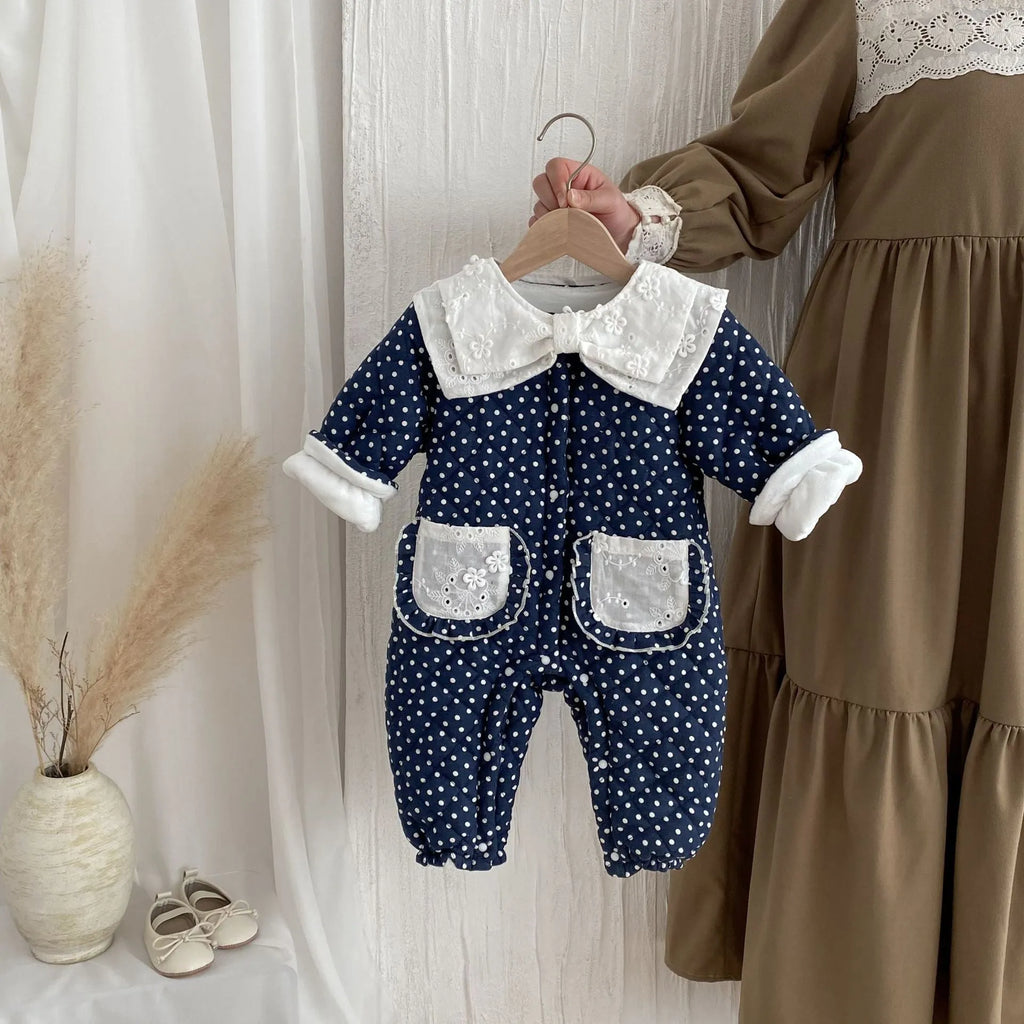 Baby girls winter cotton-padded fleece-lined onesie in dark blue on white background