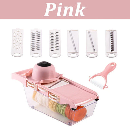 Versatile vegetable slicer with interchangeable blades for slicing, dicing, and shredding a variety of fruits and vegetables