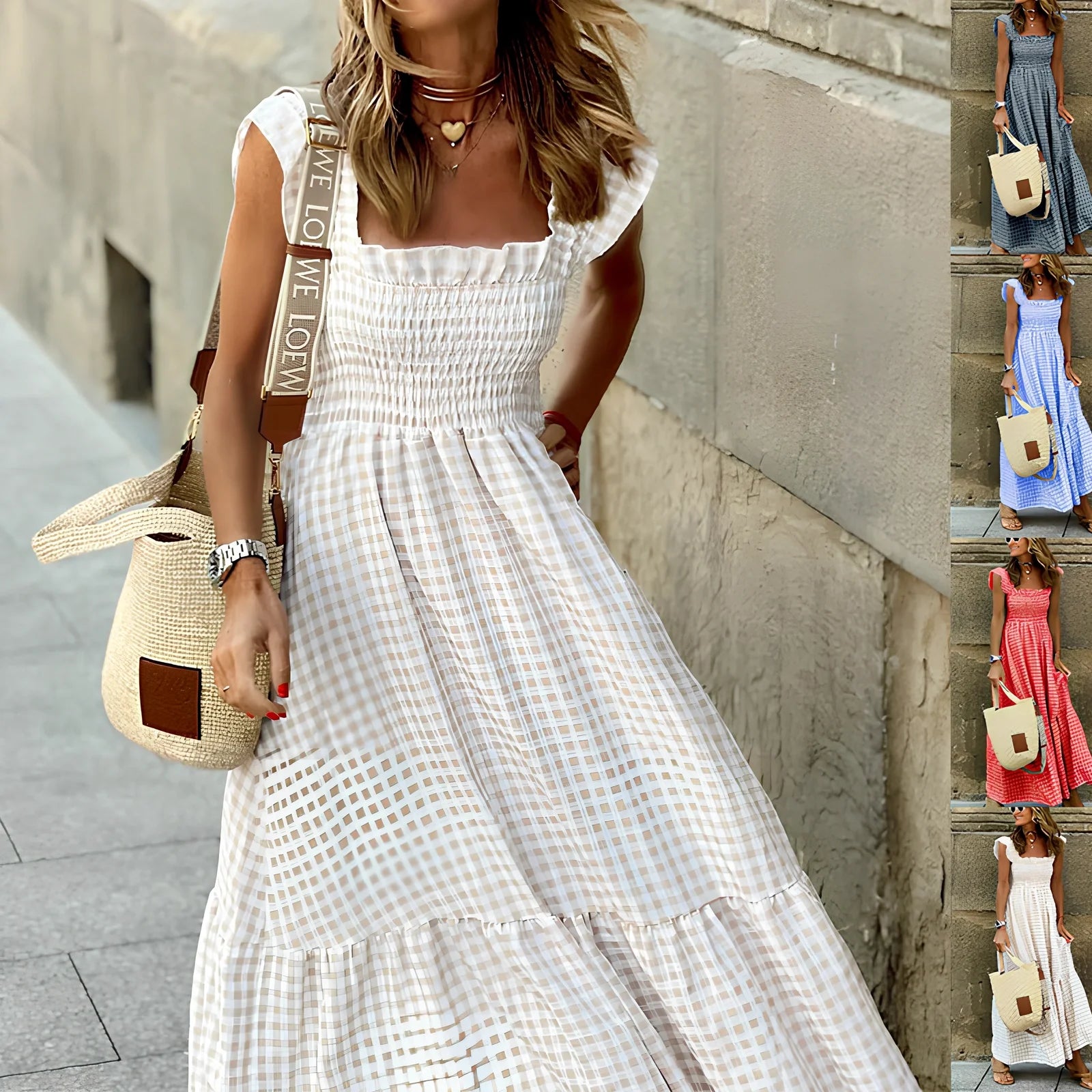 Summer plaid print pleated ruffle sleeveless A-line beach dress in sky blue, 134cm length, polyester fabric for women sizes S-3XL