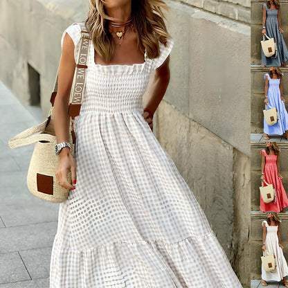 Summer plaid print pleated ruffle sleeveless A-line beach dress in sky blue, 134cm length, polyester fabric for women sizes S-3XL