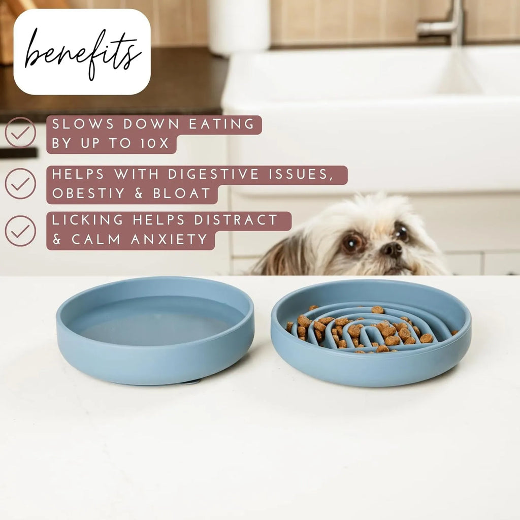 Beige silicone slow feeder dog bowl with ridge pattern for slow eating and lick mat use.