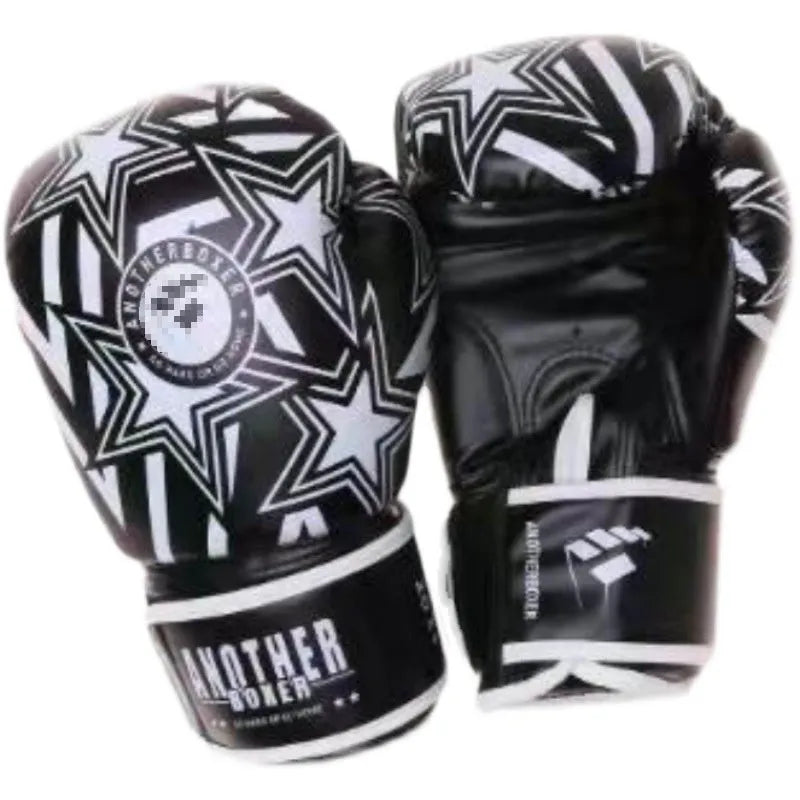 Pair of children's red boxing gloves for Sanda training on a white background.
