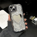 Silver gray TPU phone case with heart-shaped mirror insert for iPhone, high-flash epoxy finish
