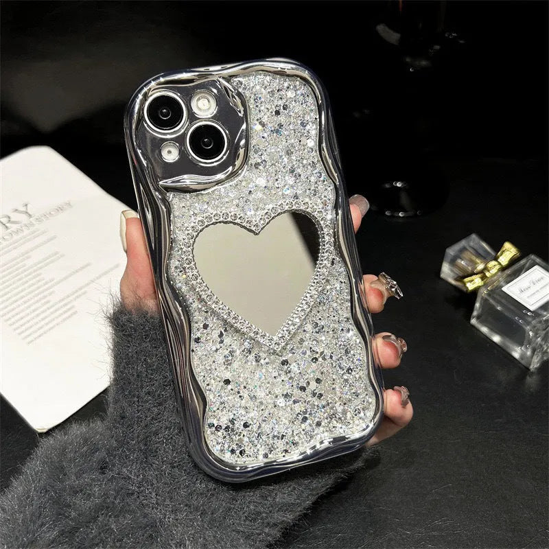 Silver gray TPU phone case with heart-shaped mirror insert for iPhone, high-flash epoxy finish