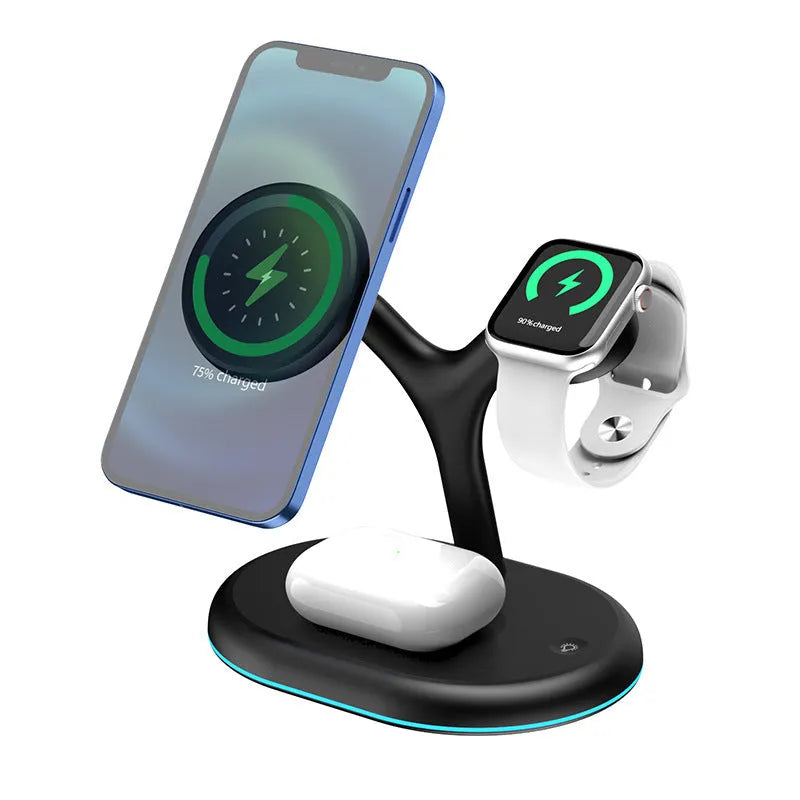 Black magnetic three-in-one wireless charging stand with vertical phone orientation and included TYPE-C cable