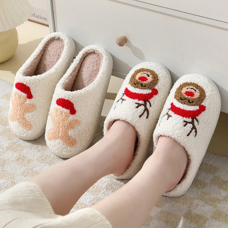 Cozy Christmas home slippers with festive designs, including Santa Claus, Moose, and Gingerbread Man patterns