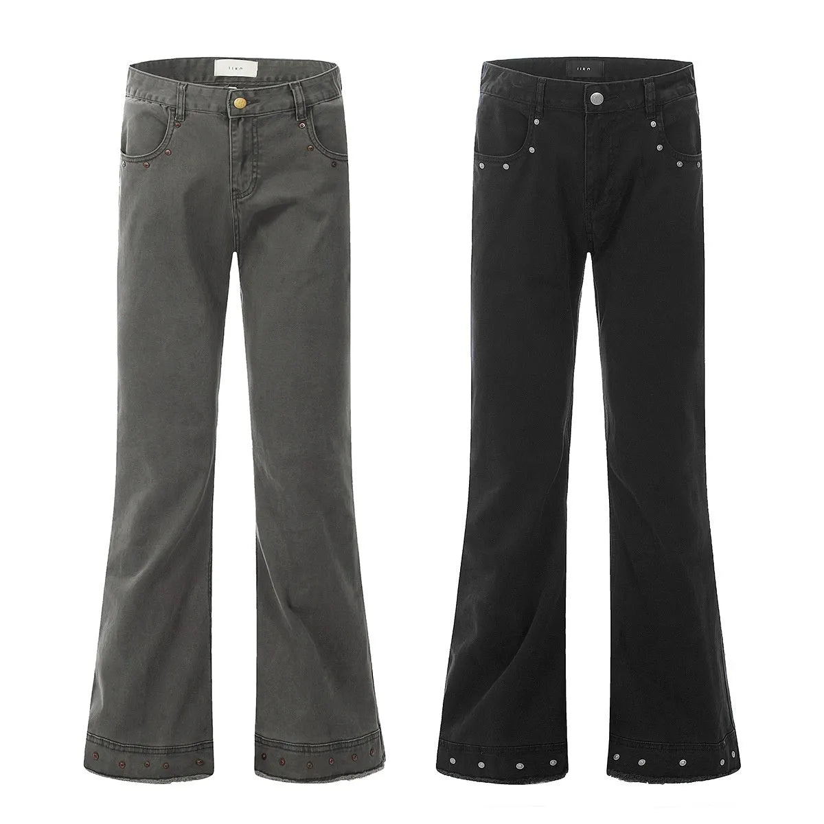 American retro skinny jeans in black and grey green, straight leg with mid waist and zip fly.