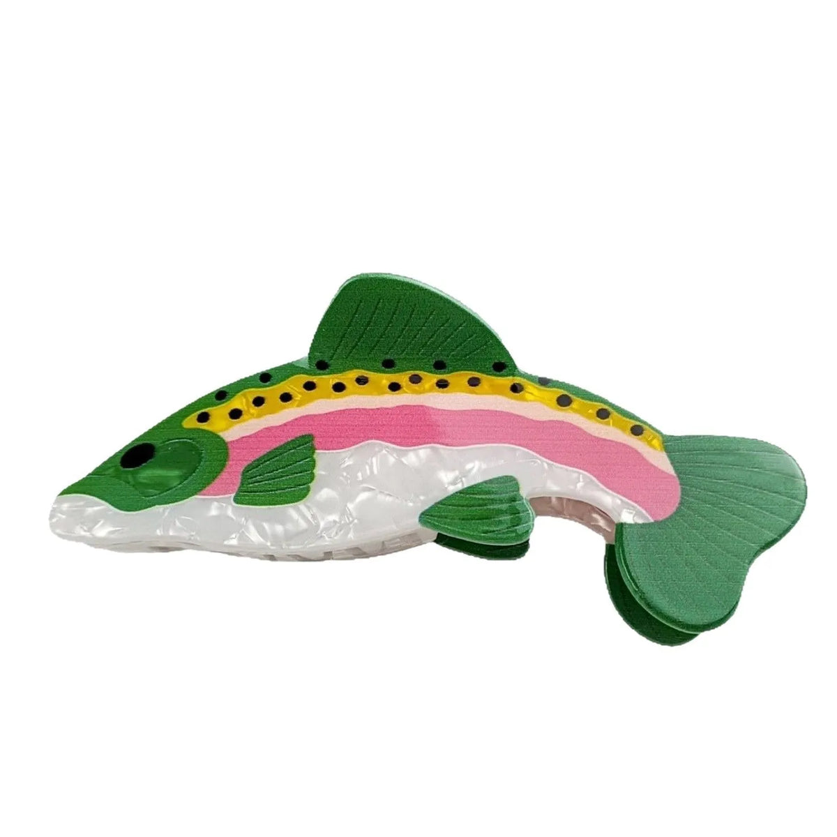Dark green women's hair clip with detailed printed rainbow trout and carp marine design