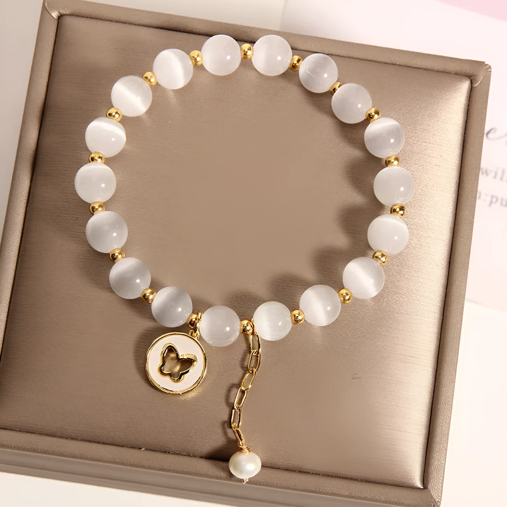 White cat's eye crystal bracelet with geometric design and Korean-style influences