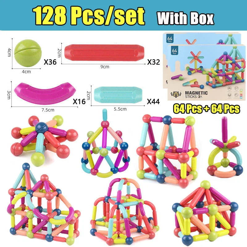 Magnetic building blocks and rods in various sizes and colors for creative play and early learning