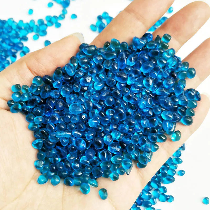 Sea blue glass sand beads for fish tank landscaping decoration, 3-6mm round particles in a 500g pack