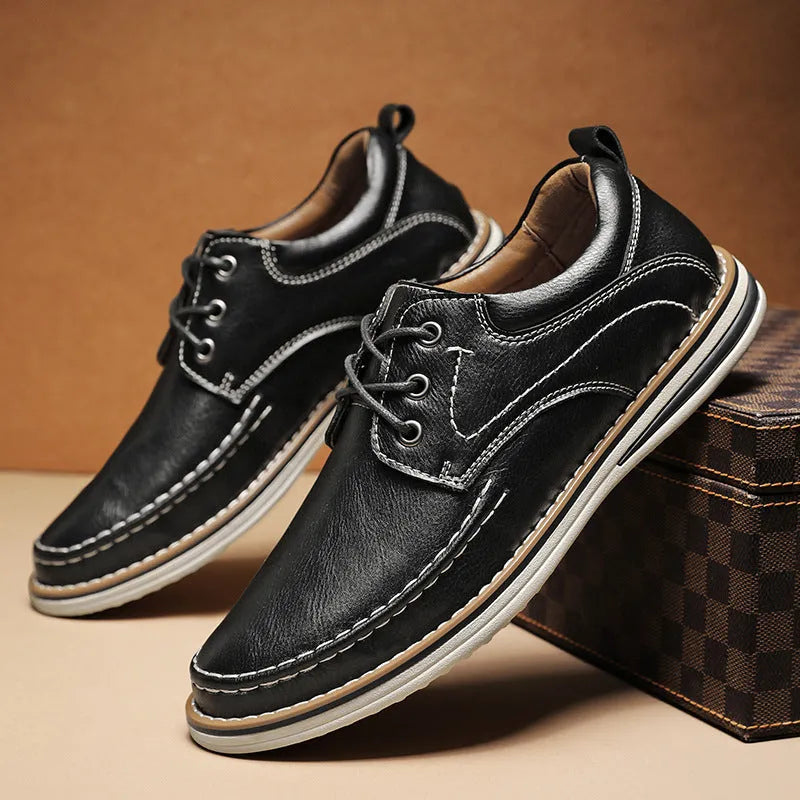 Men's black genuine leather casual shoes with round toe and front lace-up design