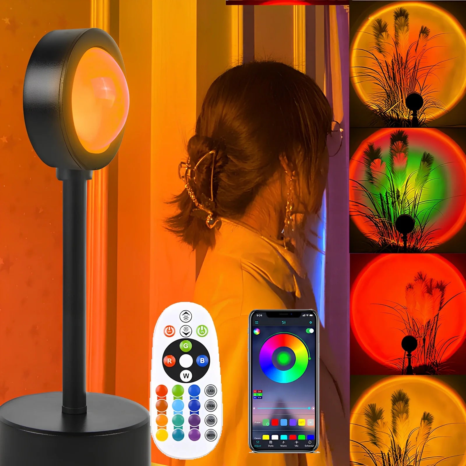 Adjustable sunset projection lamp with iron shell, 80x100x270mm, projecting 4 light modes on wall via USB 5V power