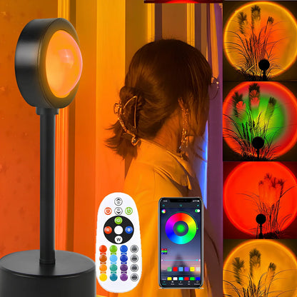 Adjustable sunset projection lamp with iron shell, 80x100x270mm, projecting 4 light modes on wall via USB 5V power