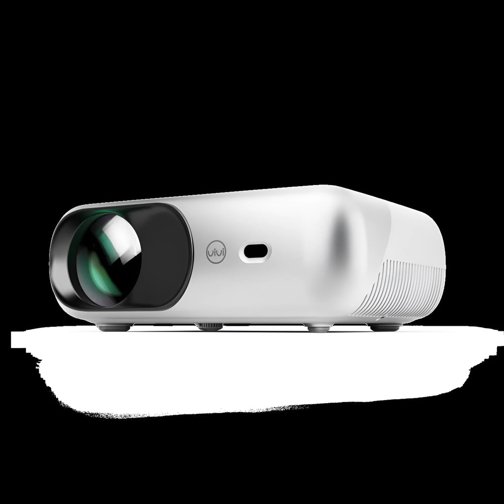 White portable WiFi HD 1080p projector with focus ring and remote control on a table