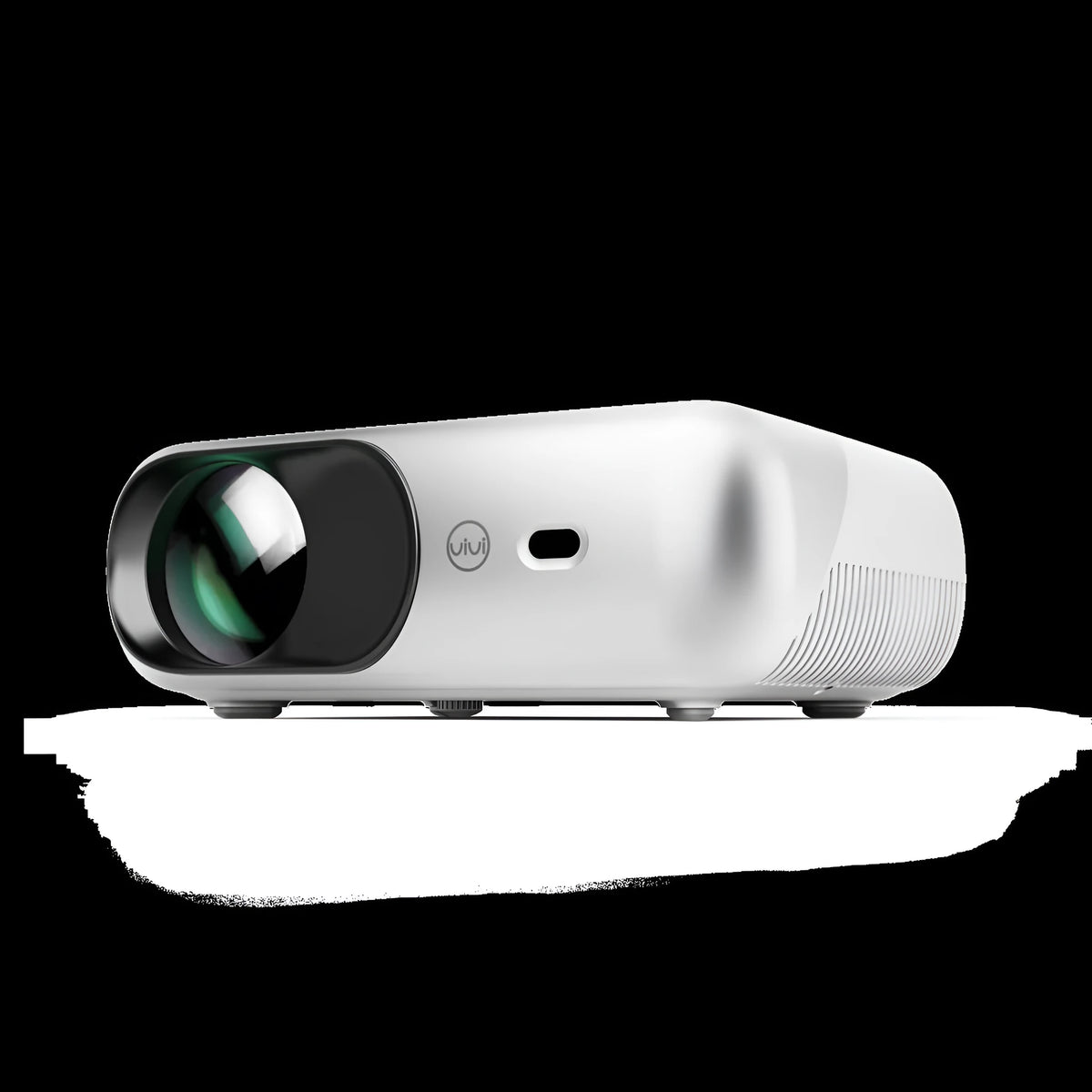White portable WiFi HD 1080p projector with focus ring and remote control on a table