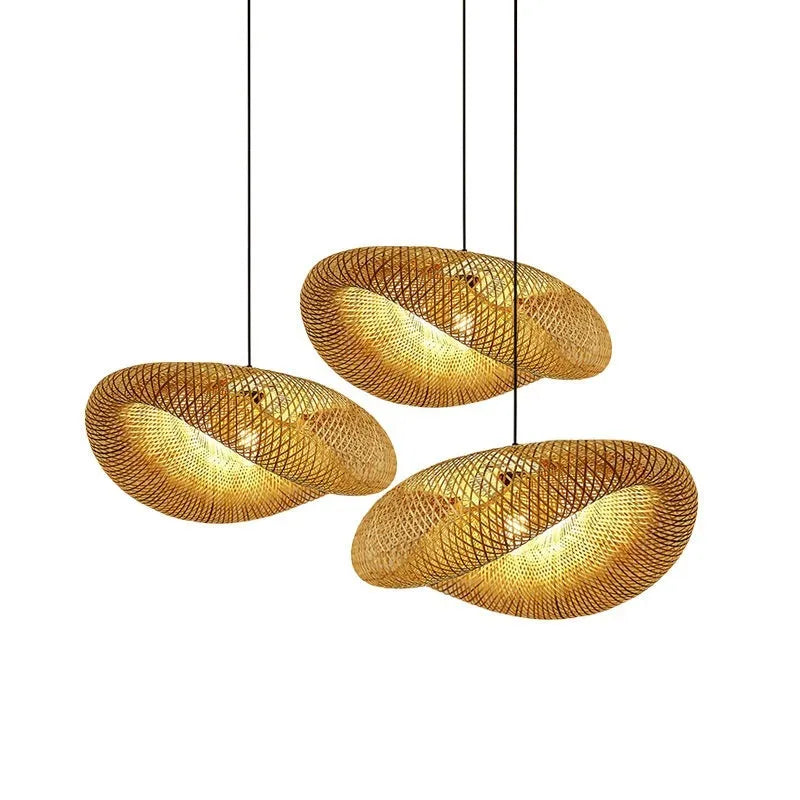 Straw hat-shaped bamboo hanging lamp with natural woven rattan construction
