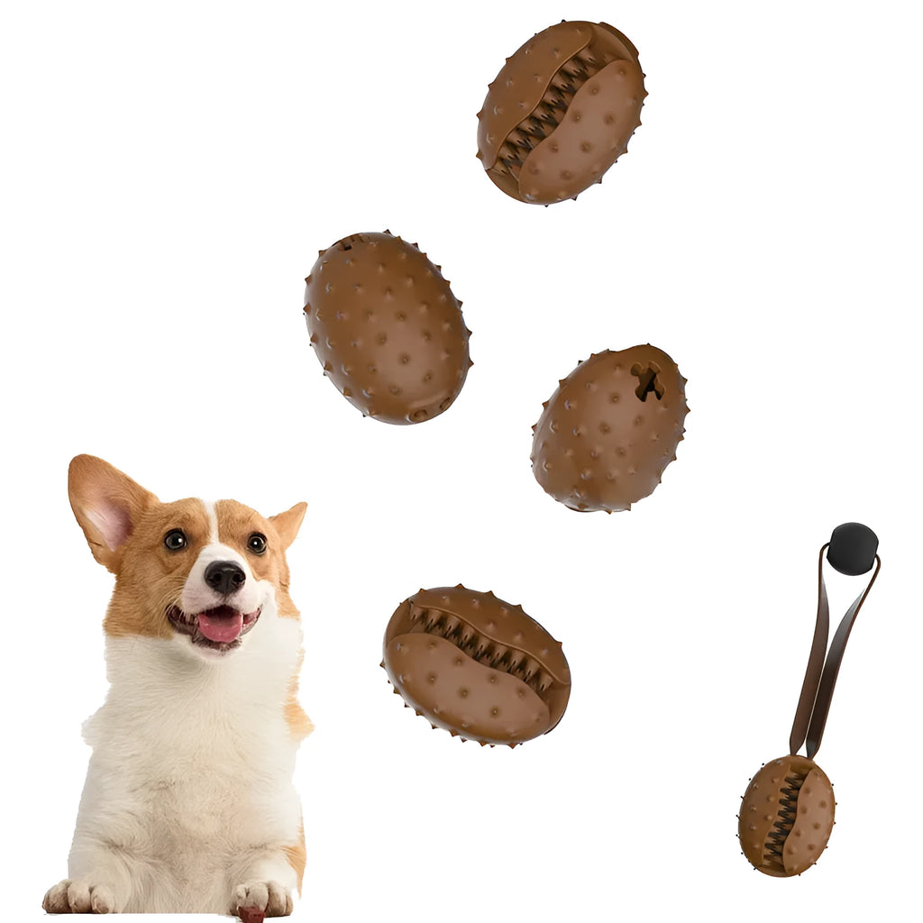 Brown coffee bean shaped TPR dog chew toy with rope knot and multiple holes