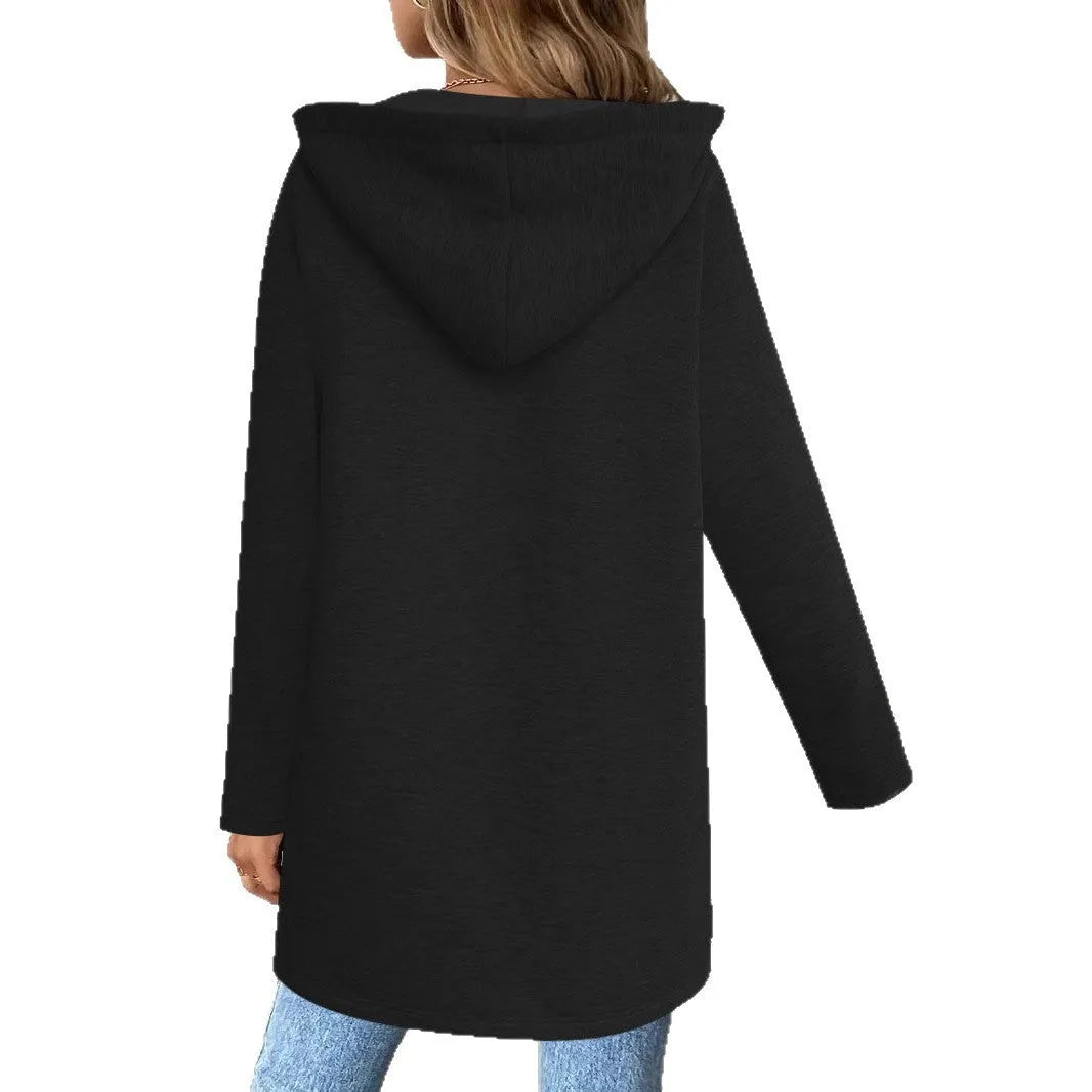 Grey loose fit mid-length women's cardigan coat with front pockets on a hanger.
