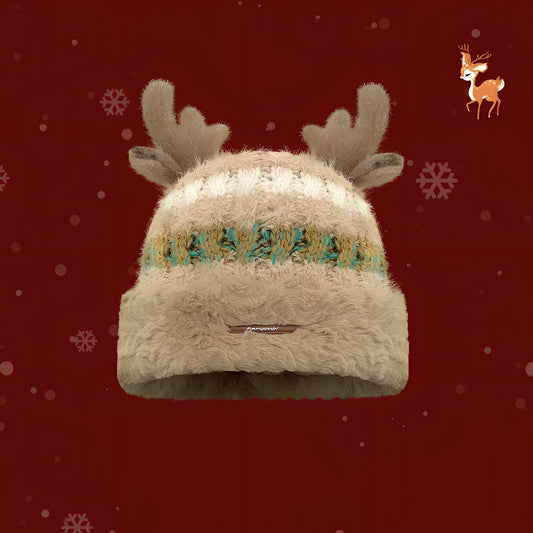 Christmas knitted beanie with deer antlers in multiple colours for winter warmth
