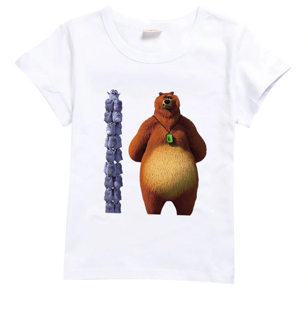 Children's cotton t-shirt with cartoon prints in various colours showing short sleeve design