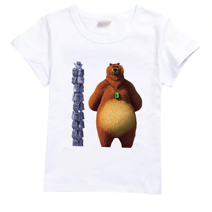 Children's cotton t-shirt with cartoon prints in various colours showing short sleeve design