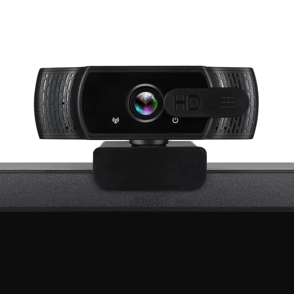 Black USB webcam with built-in microphone on a laptop screen, showing 360-degree rotation.
