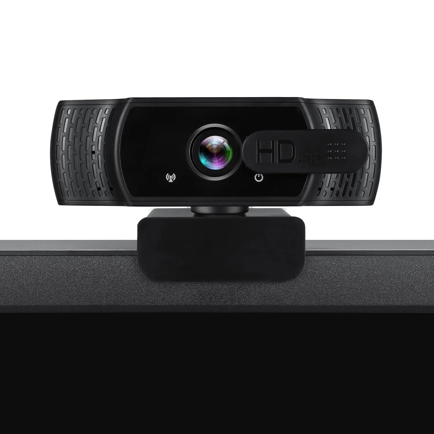 Black USB webcam with built-in microphone on a laptop screen, showing 360-degree rotation.