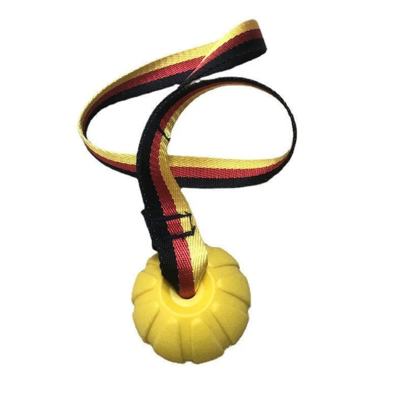 Camouflage and yellow EVA floating dog tetherball toys with string in 6.5cm, 7cm, and 9cm sizes.