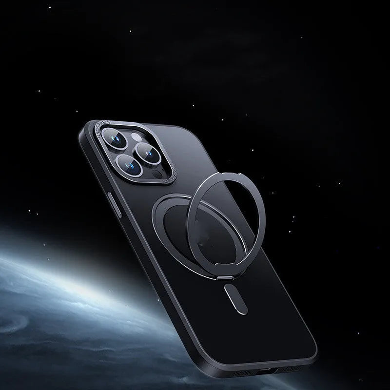 Transparent magnetic suction phone case for iPhone models on a metallic surface.
