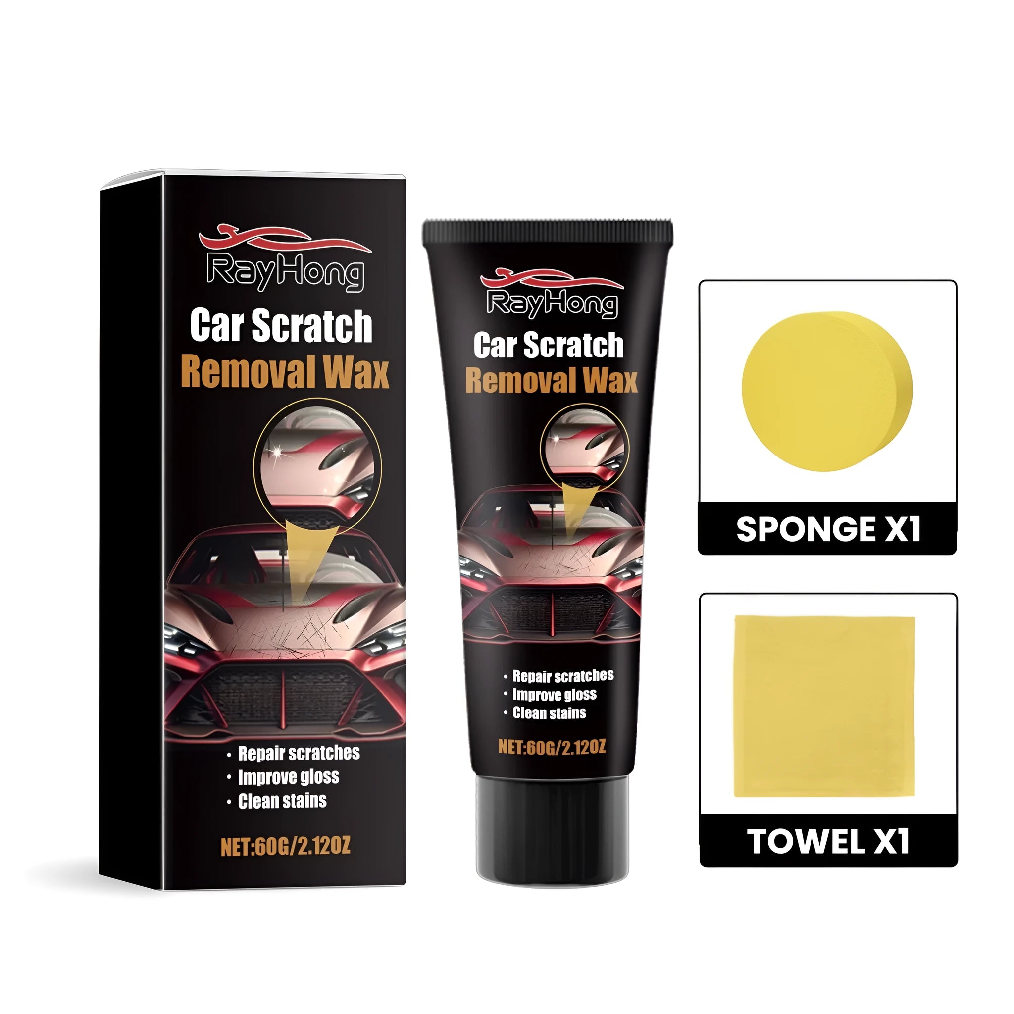 Car scratch removal wax kit with 60g wax container, sponge, and polishing towel for DIY paint repairs