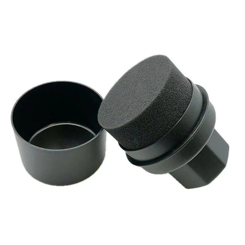 A black tyre polishing sponge brush with a lid, showing its high-density sponge applicator head.