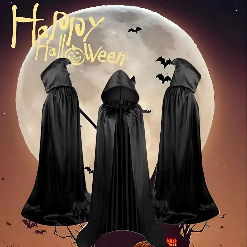 A black satin hooded cloak for children laid flat, showing its length and hood detail.