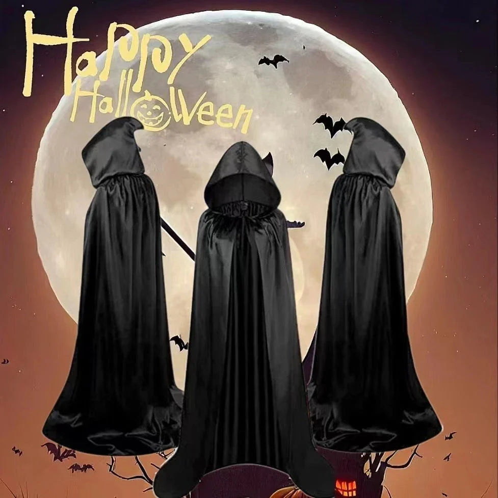 Premium hooded Halloween cape cloak made of luxurious satin fabric, available in black, gold, and purple colors, and various sizes to fit children.