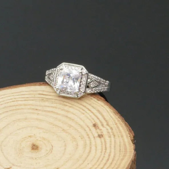 Women's geometric zircon ring with hollow quadrilateral design in platinum-colour copper