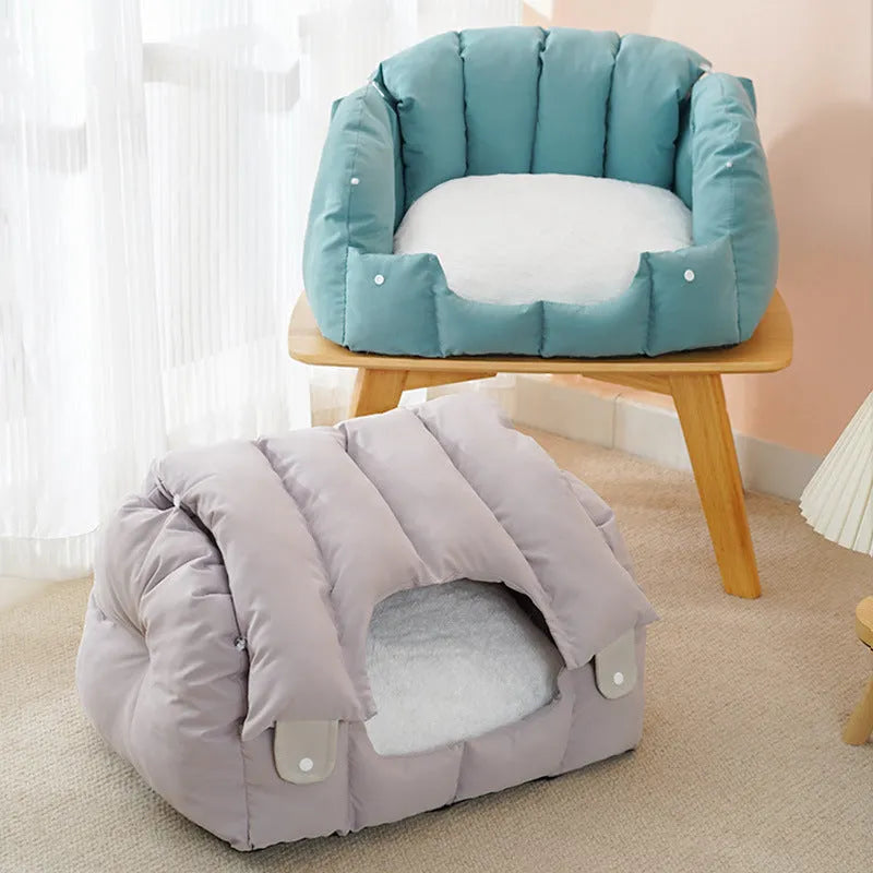 Arched deformable cat nest in green colour showing both enclosed and sofa configurations