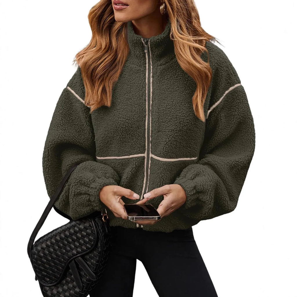 Berber fleece contrast colour stand-up collar women's coat in army green, loose fit, long sleeves, solid colour with splicing detail
