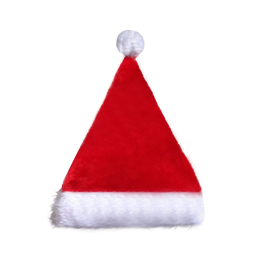 Red and white plush Santa Christmas hat with LED lights illuminated, featuring a pom-pom and stretchy spandex band.