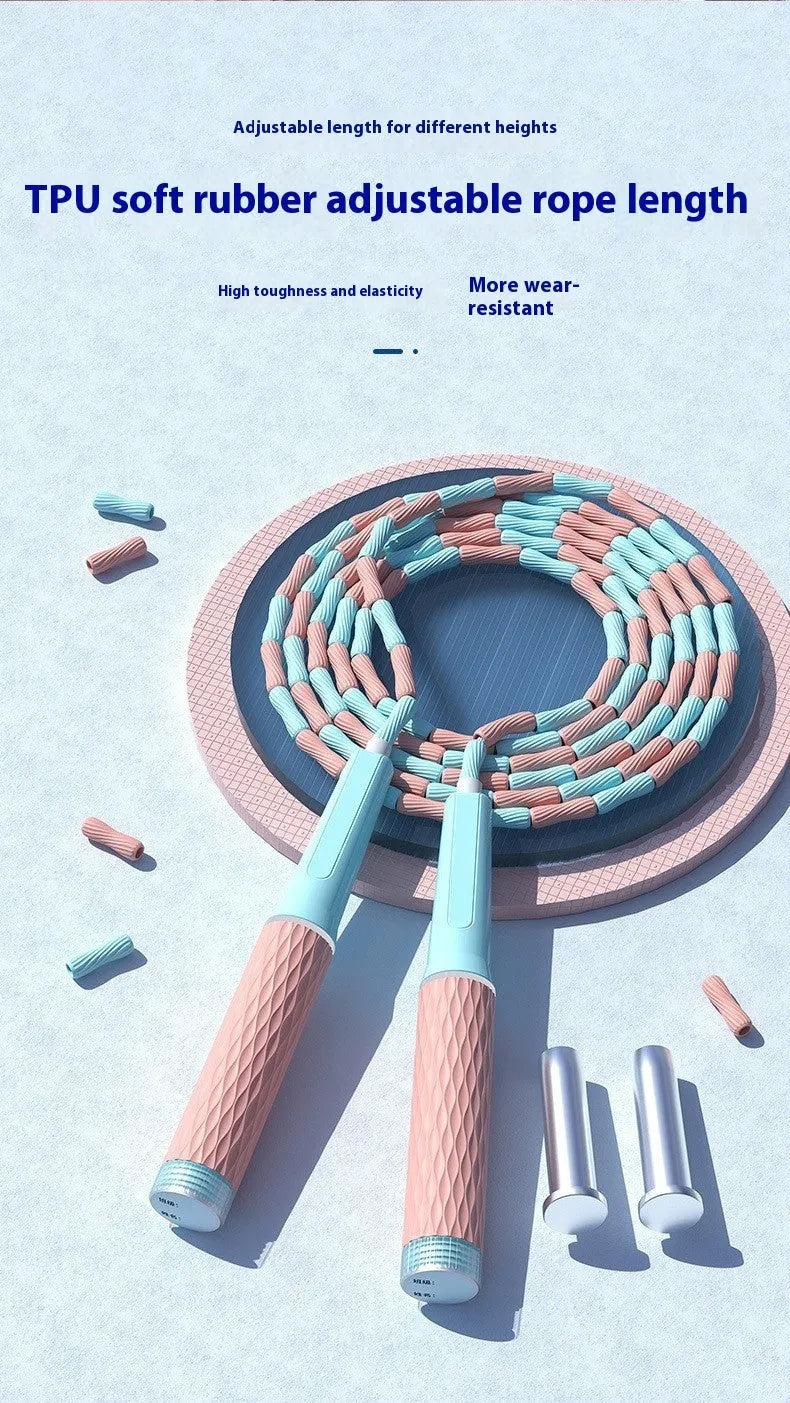 Children's bamboo bead skipping rope in blue with plastic foam handles
