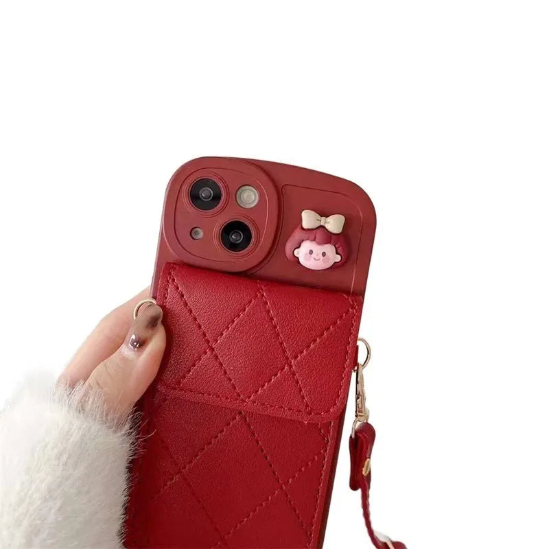 Red TPU crossbody card holder with lanyard for iPhone 15 showing diamond plaid pattern and rear card slot