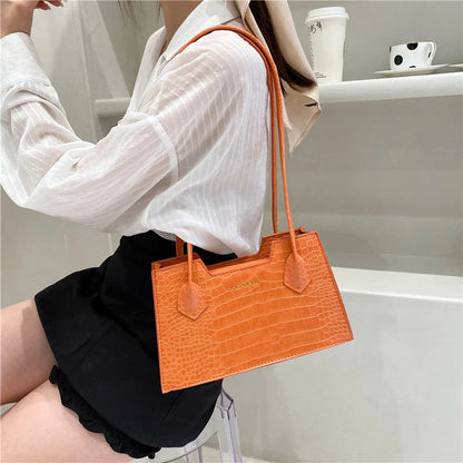 Trendy PU small square shoulder bag with crocodile pattern in black, orange, white, and grey