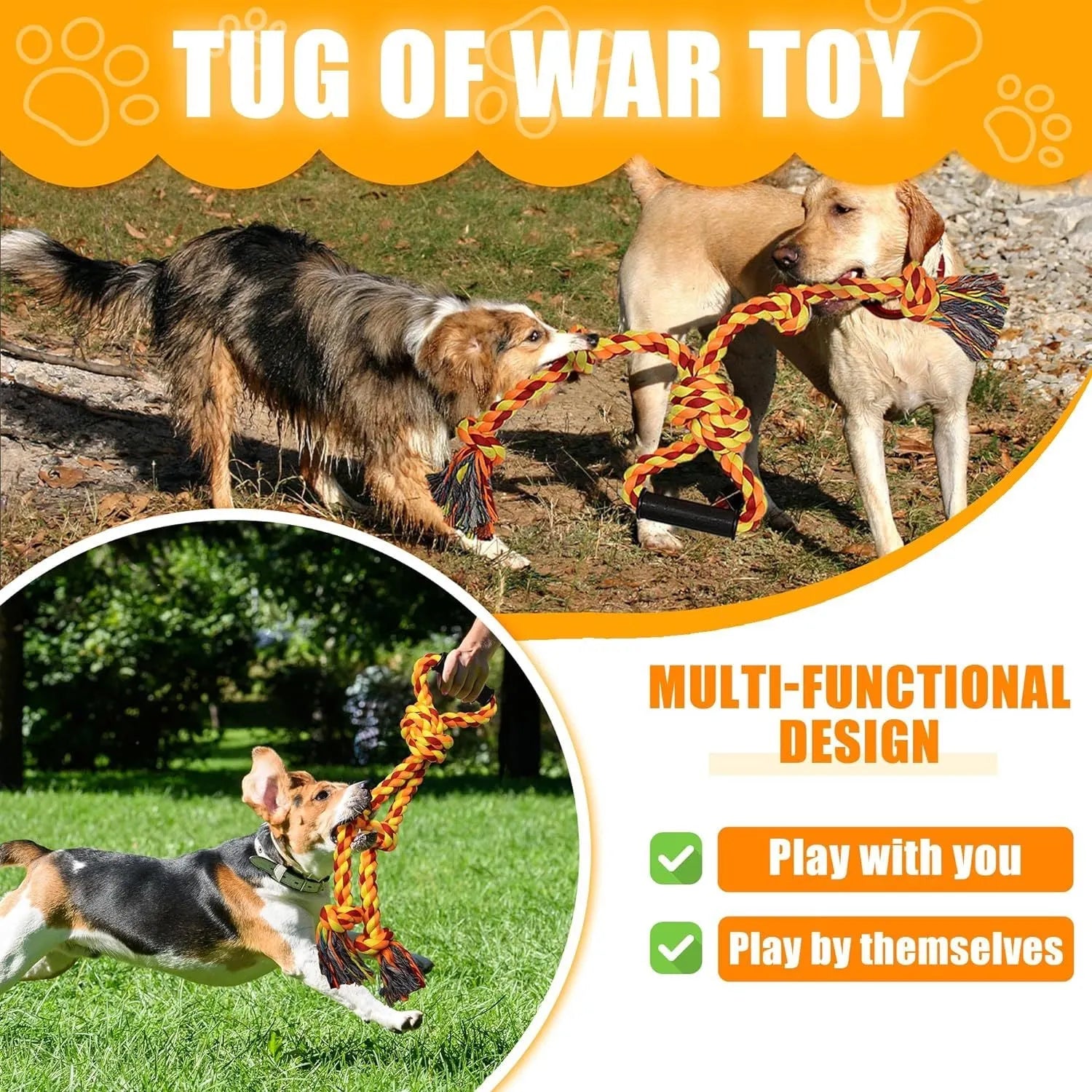 Blue and yellow heavy-duty cotton dog rope toy with a sturdy handle for tug-of-war with large breeds.
