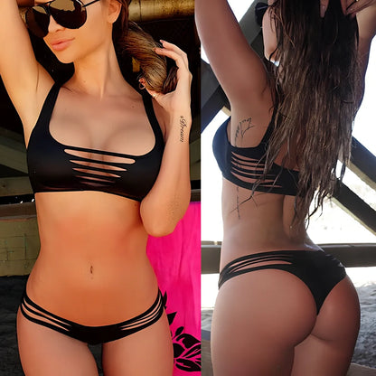 Black split bikini swimsuit set with Lycra lining, high elasticity, sizes S-XL for women swimming