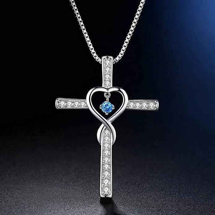 Christian Cross Birthstone Pendant Necklace with Zircon Heart in gold-plated finish