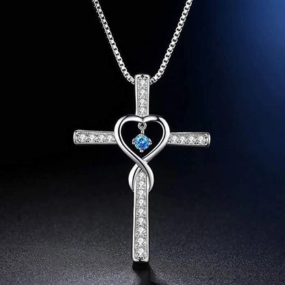 Christian Cross Birthstone Pendant Necklace with Zircon Heart in gold-plated finish