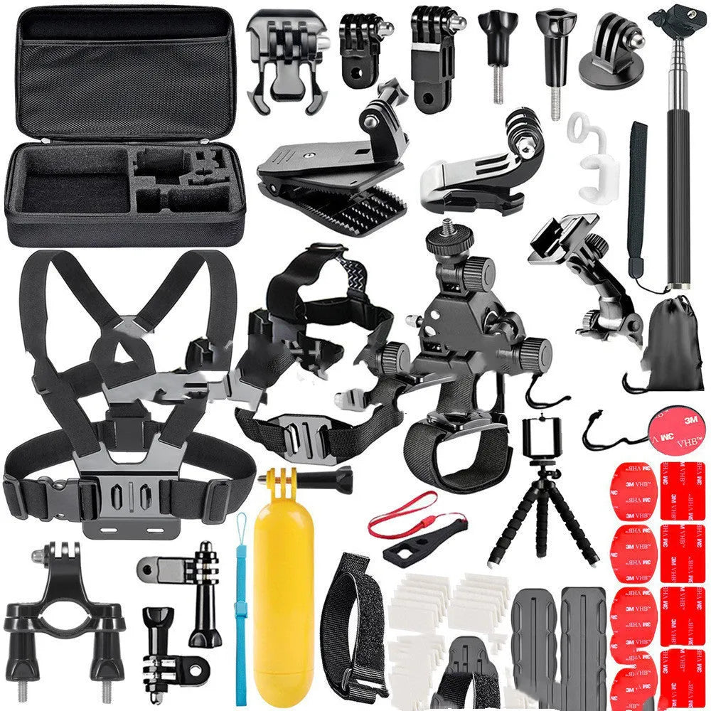 Black GoPro accessories set with chest strap, helmet mount, and tripod for action cameras
