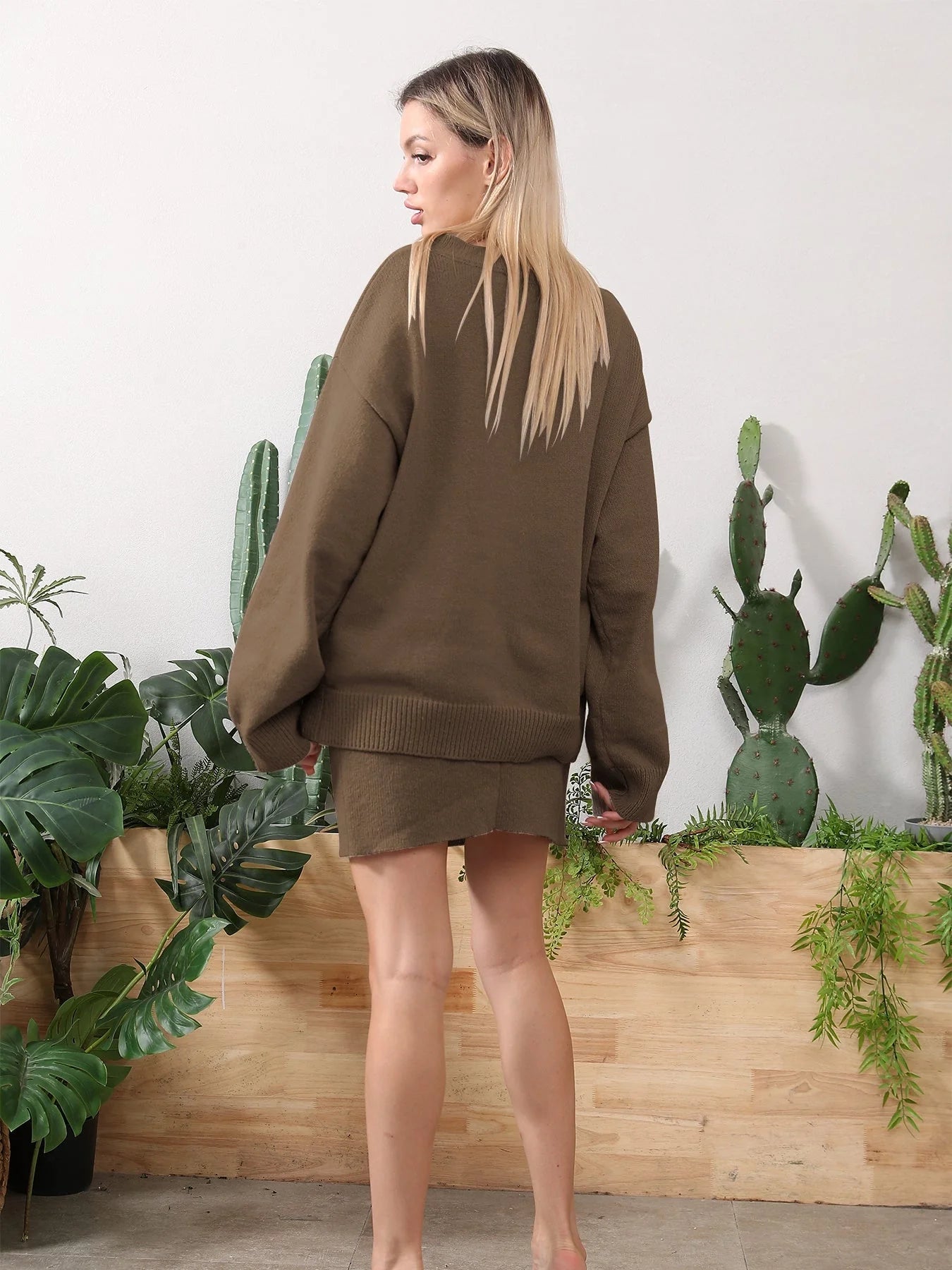 Women's home clothing set in brown camel, soil gray, and light grey - comfortable loungewear for relaxation