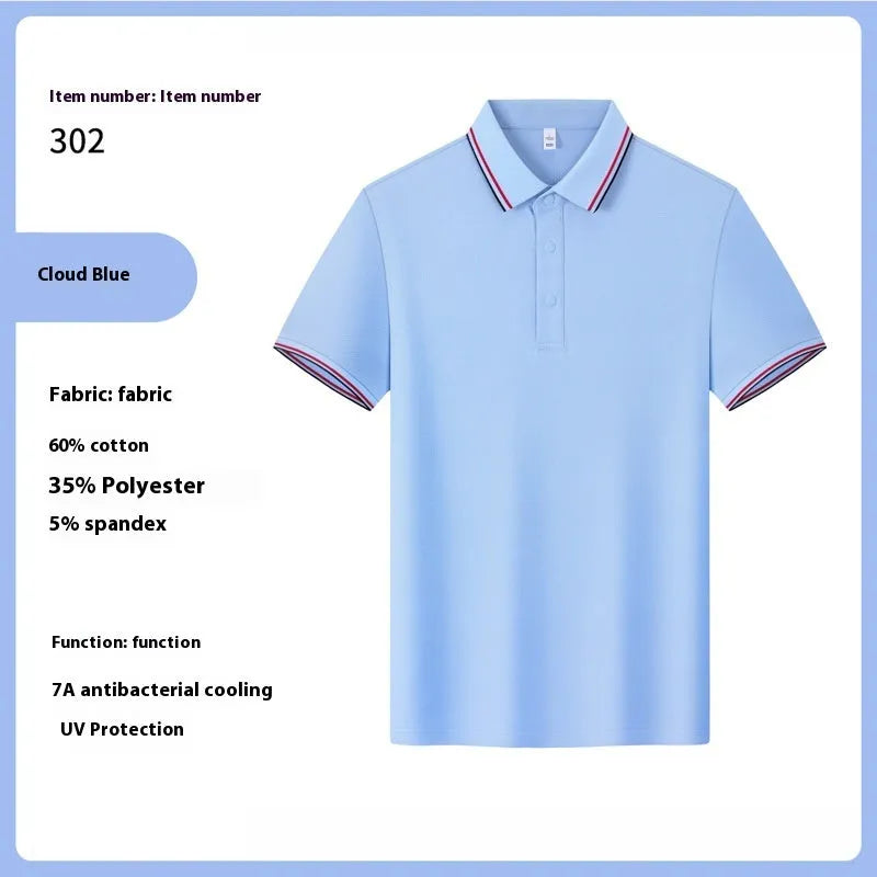 Men's solid colour cotton lapel T-shirt for summer work wear with short sleeves