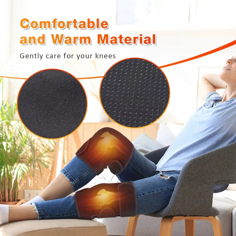 Black self-heating knee pad with magnet therapy and adjustable straps on a neutral background