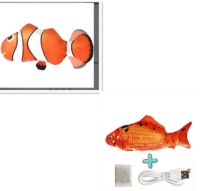 Electric flopping fish cat toy in clownfish design, 30cm long, USB rechargeable with touch sensor for play activation